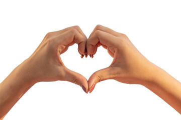 Hands showing a heart symbol on a white background symbolize friendship and loving-kindness to her lover and friend because the heart symbol signifies love, friendship and compassion for one another.