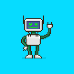 colorful simple flat pixel art illustration of cartoon smiling robot in love humanoid robot with hearts instead of eyes 