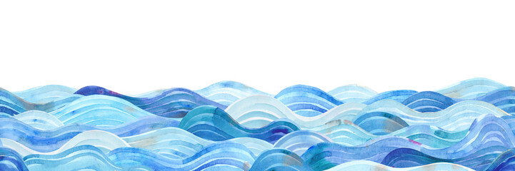 Fototapeta Watercolor sea. Seamless pattern. Horizontal border. Blue waves in the ocean. obraz