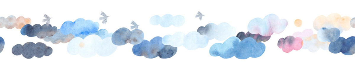 Horizontal pattern of clouds. Watercolor seamless pattern. Childish decor.