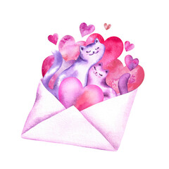 Envelope for valentine's day holiday with hearts and cats inside, watercolor illustration isolated on white background. Perfect gift greeting cards, invitations, valentines cards, wedding invitations.