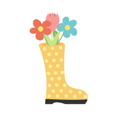 Cute spring flowers in yellow rubber boots, design and decor element, spring composition, vector illustration in cartoon style, hand drawn.