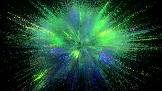 An explosion of colors on a dark background. Blue green color. Multicolored particles. 3D animation of a seamless loop.