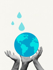 Abstract earth globe in human hands isolated on light blue background. World water day concept. Contemporary art collage, modern design.