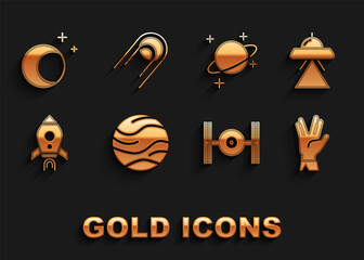 Set Planet, UFO flying spaceship, Vulcan salute, Cosmic, Rocket with fire, Moon and stars and Satellite icon. Vector