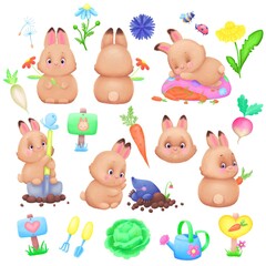 A collection of happy bunnies at gardening