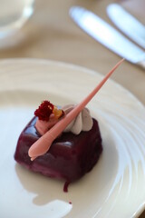 Chocolate cake with strawberries. Vertical orientation. Restaurant composition with delicious dessert and white plate
