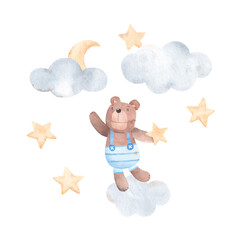Cute teddy bear with stars, moon and clouds. Watercolor hand drawn illustration. Can be used for baby shower or kid posters. Isolated on white background. © bukhavets
