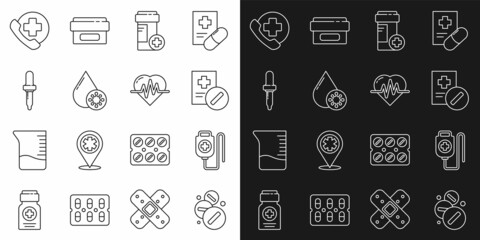 Set line Medicine pill or tablet, IV bag, Medical prescription, bottle, Blood test and virus, Pipette, Emergency phone call to hospital and Heart rate icon. Vector