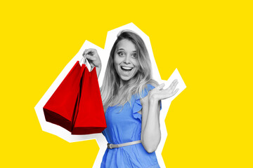 A young caucasian smiling cheerful blonde woman in a blue dress holds red paper bags in her hand isolated on a color yellow background. Shopping and fashion concept. Art collage in magazine style