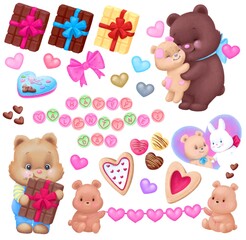 A collection of valentine's day elements, bears, ceremonial decorations, gifts and candy slides