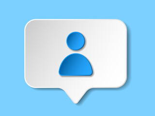 Follower notification paper cut icon. Volumetric white square template with blue human pictogram. Best for web, social media and mobile apps. 