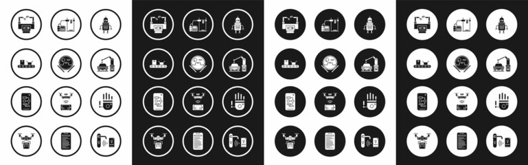 Set Robot, vacuum cleaner, Conveyor belt with cardboard box, Assembly line, Industrial machine robotic robot arm hand, 3D printer, Mechanical and Algorithm icon. Vector