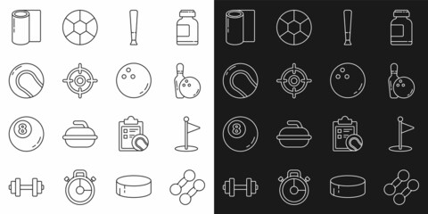 Set line Dumbbell, Golf flag, Bowling pin and ball, Baseball bat, Target sport, Fitness mat roll and icon. Vector
