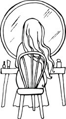 girl sits in front of a mirror, does makeup, vector, drawn with a pen
