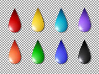 Realistic water drops icons collection. Glossy gradient vector elements of different colors. Best for web, mobile apps, print, logo creating and branding design. 