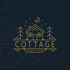 cabin or cottage line art logo vector illustration template icon graphic design. night camp at nature with pine and star moon