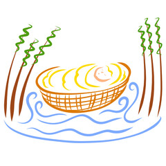 Baby Moses in a basket on the river between the reeds