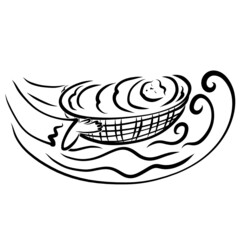 Women's hands hold a basket with baby Moses on the water, black outline