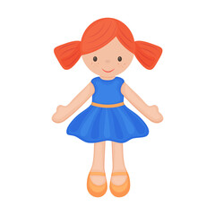 Doll. Cute children s toy with red hair. A doll in a beautiful dress. Vector illustration isolated on a white background