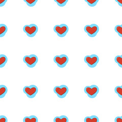 Line art seamless pattern in the form of a red heart on blue shape. Romance graphic texture. Holiday celebration concept. Decorative print. Geometric bright wallpaper. Black contour line