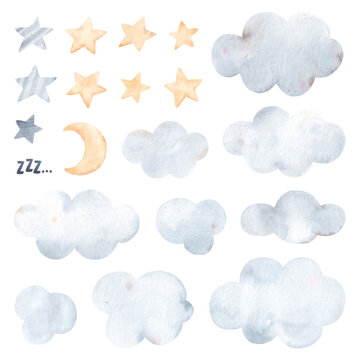 Set of watercolor clouds and stars for design. Isolated on white background. Childish style.