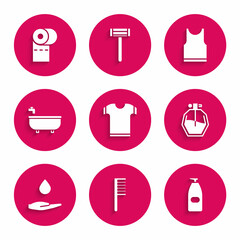 Set T-shirt, Hairbrush, Bottle of liquid antibacterial soap, Perfume, Washing hands with, Bathtub, Sleeveless and Toilet paper roll icon. Vector