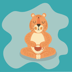 Cute meditating tiger with a cup of milk in the yoga position. Year of the tiger. Flat vector illustration