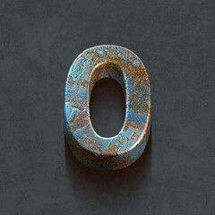 number zero on a rusted metal surface, 3d render