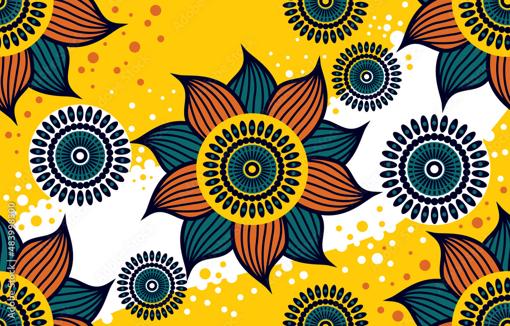 Wall mural Ethnic abstract fabric. Seamless pattern in tribal, African wax print kitenge floral motifs vector. Aztec geometric art ornament.Design for carpet, wallpaper, clothing, wrapping, fabric, cover, dress