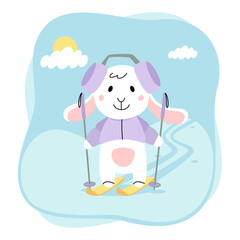 Cute rabbit. Bunny is skiing. Cartoon flat illustration isolated on white background