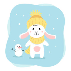 Cute rabbit. Bunny is standing outside in winter, it is snowing. Cozy cartoon flat illustration isolated on white background