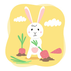 Cute rabbit. Bunny pulls carrots out of the ground, harvests. Cartoon flat illustration isolated on white background