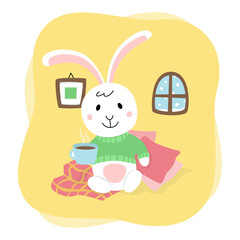 Cute rabbit. Bunny sits in the house and drinks tea. Cozy cartoon flat illustration isolated on white background