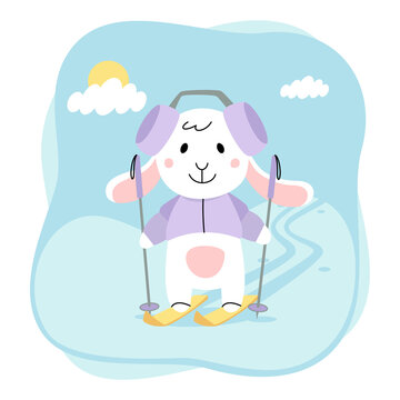 Cute rabbit. Bunny is skiing. Cartoon flat illustration isolated on white background