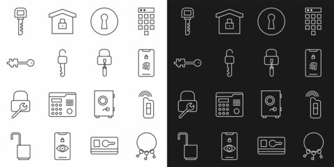 Set line Bunch of keys, Car with remote, Mobile fingerprint scan, Keyhole, Unlocked, Old, and Lock picks for picking icon. Vector