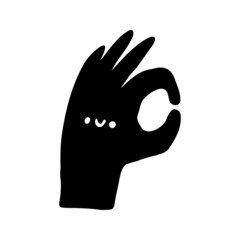 Black hand with cute face. Hand drawn flat illustration. Symbol of OK.