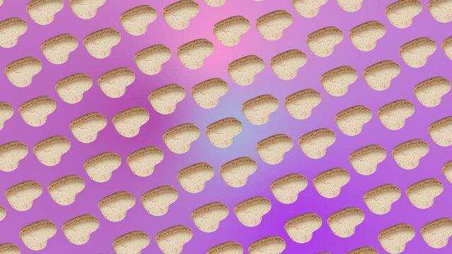 Interesting circular rotate animation pattern with Macaron or French macaroon in heart shapes on a trending ligh pink-purpule multi colored gradient background. 3 in 1 animations for 10 sec. Romantic 