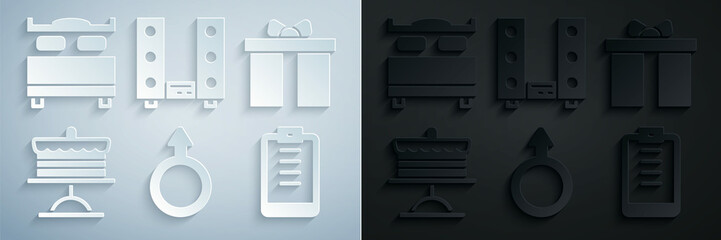 Set Male gender symbol, Gift box, Cake on plate, Clipboard with checklist, Home stereo two speakers and Bedroom icon. Vector