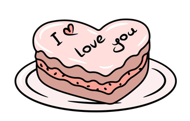 A colorful drawing of a cream cake with a heart-shaped icing with the words 