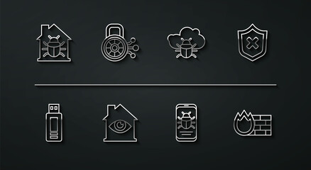 Set line House system bug, USB flash drive, Shield with cross mark, System on mobile, eye scan, Cyber security, Firewall, wall and cloud icon. Vector