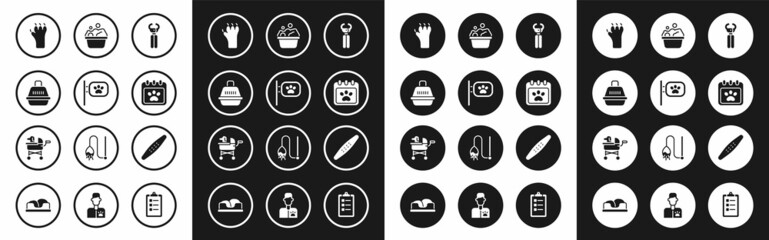 Set Pet nail clippers, grooming, carry case, Paw print, Calendar, Pets bath, Nail file pet and stroller icon. Vector