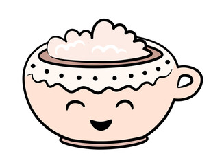 An adorable cup of cocoa and whipped cream. Doodle drawing isolated on white background.