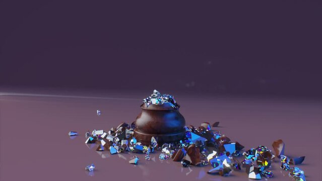 Game concept. A dark marble chess queen crumbles into diamond particles. 3D animation of a seamless loop.