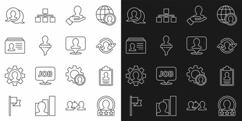 Set line Create account screen, Clipboard with resume, Human resources, Hand for search people, Head hunting, Resume, Speech bubble chat and Location person icon. Vector