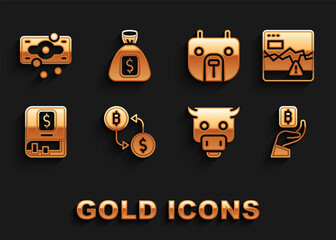 Set Cryptocurrency exchange, Failure stocks market, Hand holding Bitcoin, Bull, Financial book, Bear, Stacks paper money cash and Money bag icon. Vector