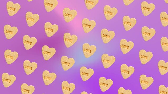 Interesting Moving Diagonally on different sides animation pattern with Sweet hearts shaped yellow Sugar Pill Candy on a trending ligh pink-purpule multi colored gradient background. 3 in 1 animations