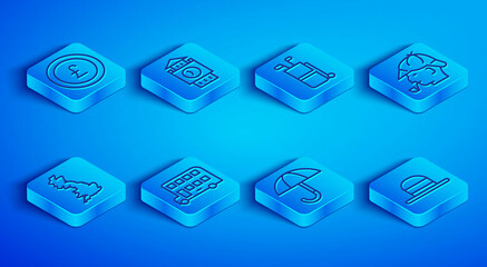 Set line Coin money with pound, Big Ben tower, Golf bag clubs, Double decker bus, Umbrella, Sherlock Holmes, England map and Elegant women hat icon. Vector