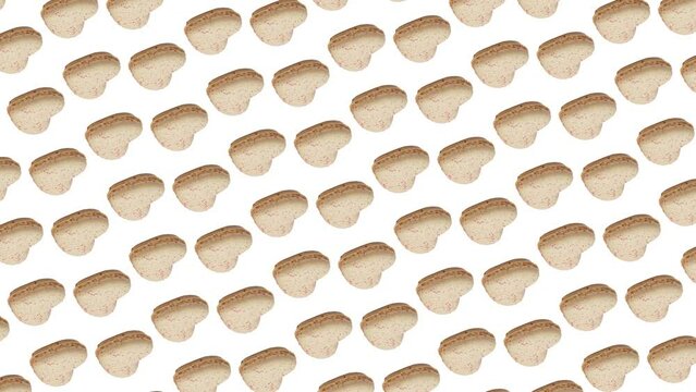 Motion graphics pattern with many Macaron or French vanilla macaroon in heart shapes for Valentines Day that wiggle/circular rotation on a white color background. 3 in 1 different sides and size anima