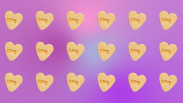 Interesting rotate and wiggle animation pattern with Sweet hearts shaped yellow Sugar Pill Candy on a trending ligh pink-purpule multi colored gradient background. 3 in 1 animations for 10 sec. Romant